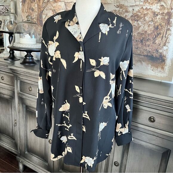 Vintage Christie & Jill Asian Buttoned Down Black Floral Blouse size Lg Grande - Picture 3 of 12